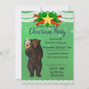 Custom Modern Fun Holiday Christmas Bear Green Invitation