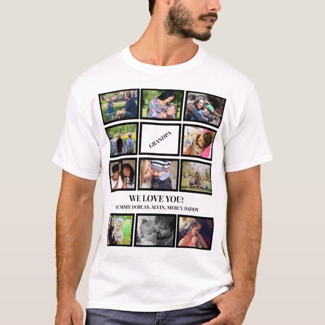 Custom Modern Grandpa Fathers Day 11 Photo Collage T-Shirt (Front)