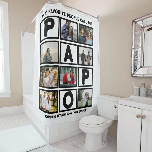 Custom Modern Grandpa Papo 8 Photo Collage Shower Curtain (In Situ)