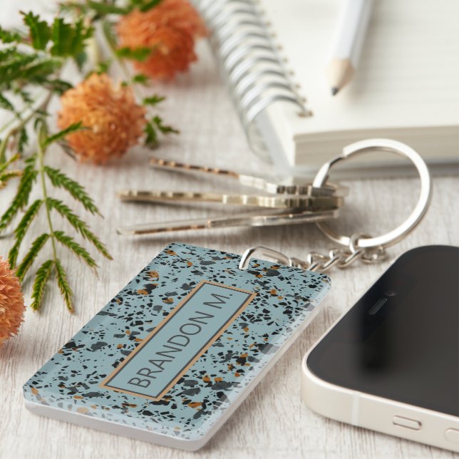 Custom Modern Grey Teal Blue Brown Black Terrazzo Key Ring (Front Right)