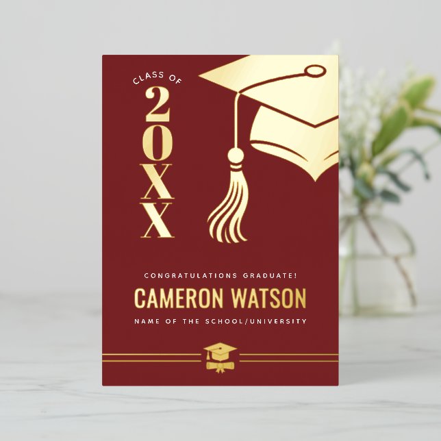 Custom Modern Hat and Tassel Graduation Foil Card (Standing Front)