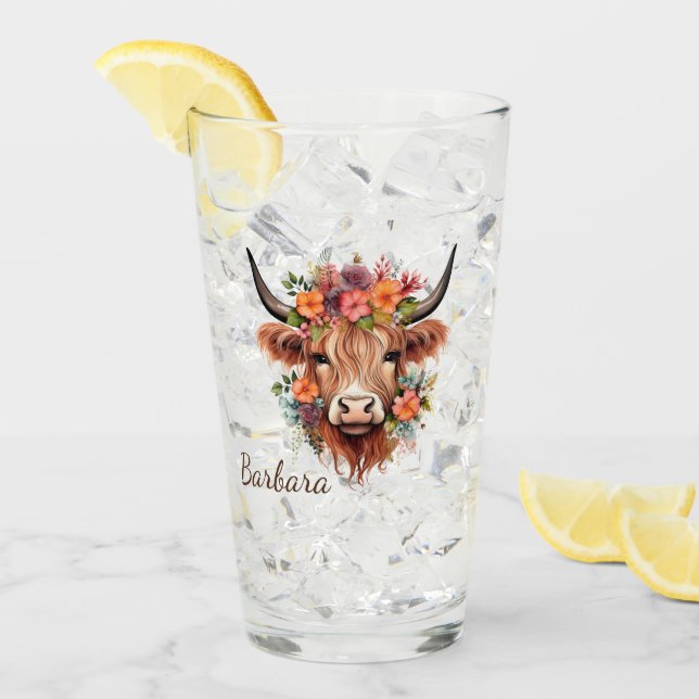 Custom Modern Highland Cow Boho with Flowers Glass (Front Ice)
