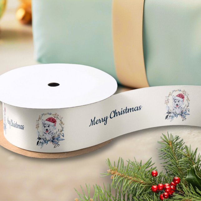 Custom Modern Husky Dog Holiday Christmas Satin Ribbon (Creator Uploaded)