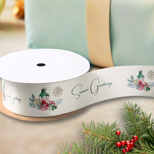 Custom Modern Lantern Foliage Holiday Christmas Satin Ribbon
