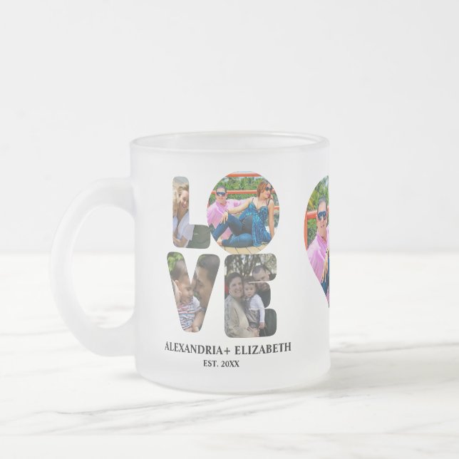 Custom modern love 4 photo collage for couples frosted glass coffee mug (Left)