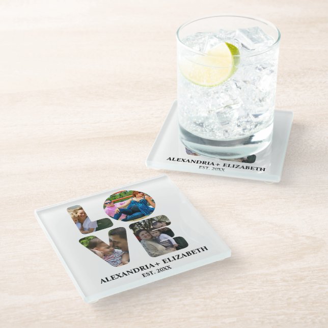 Custom modern love 4 photo collage for couples glass coaster (Angled)