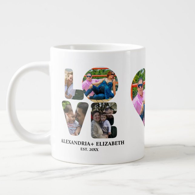 Custom modern love 4 photo collage for couples large coffee mug (Left)
