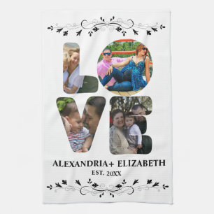 Custom modern love 4 photo collage for couples tea towel
