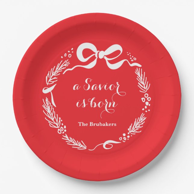 Custom Modern Luke 2 Scripture Red Christmas Paper Plate (Front)