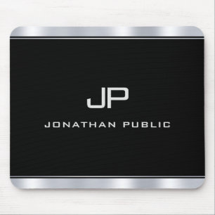 Custom Modern Metallic Silver Look Monogram Mouse Mat