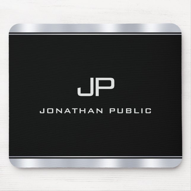 Custom Modern Metallic Silver Look Monogram Mouse Mat (Front)