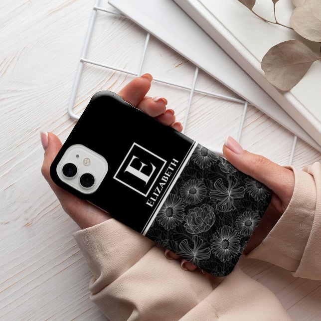 Custom Modern Monogram Black and White Floral Case-Mate iPhone Case (Creator Uploaded)