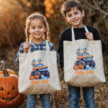 Custom Modern Monster Truck Ghoul Gang Halloween Tote Bag<br><div class="desc">Join the “Ghoul Gang” with this spooktacular personalised tote bag, perfect for kids’ trick-or-treating adventures or a Halloween-themed birthday bash! Featuring a whimsical watercolor design, this tote showcases a crew of skeletons riding a monster truck, flanked by bats and pumpkins under a moonlit sky. The funny quote “Ghoul Gang” in...</div>