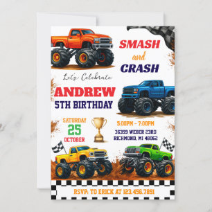 Custom Modern Monster Truck Kids Party Birthday Invitation