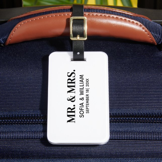 Custom Modern Mr And Mrs Wedding Luggage Tag (Front Insitu 2)