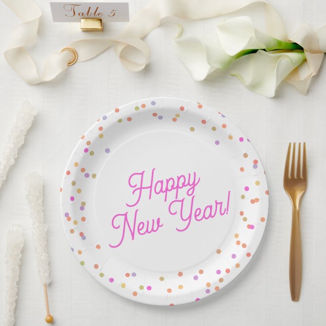 Custom Modern Multicolor Dots Happy New Year  Paper Plate (Wedding)