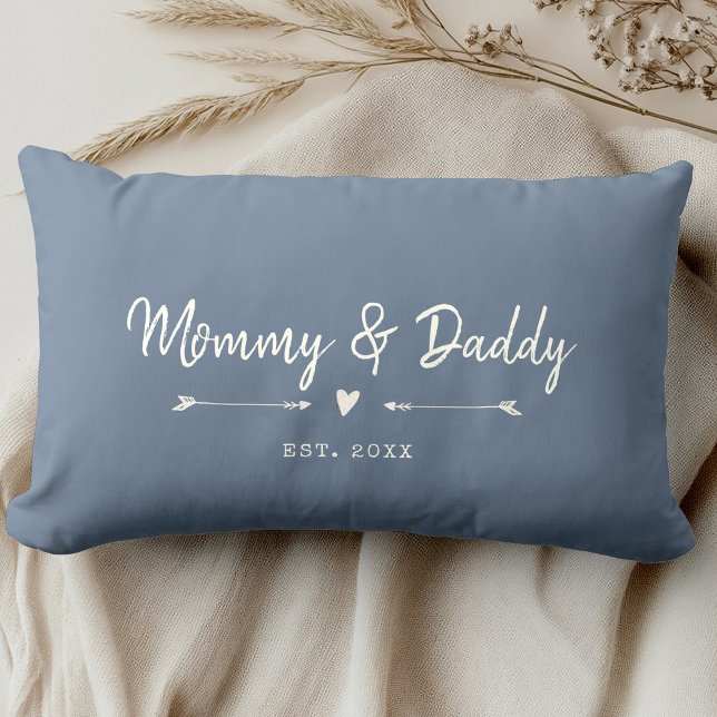 Custom Modern Mummy & Daddy New Parents Dusty Blue Lumbar Cushion (Creator Uploaded)