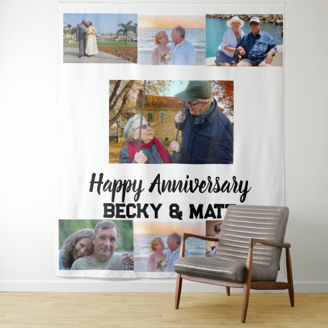 Custom Modern Name 7 Photo Collage Anniversary    Tapestry (In Situ)