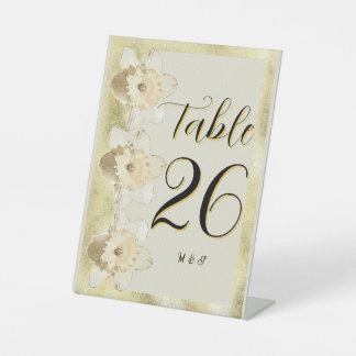 Custom modern narcissus flower with gold frame pedestal sign