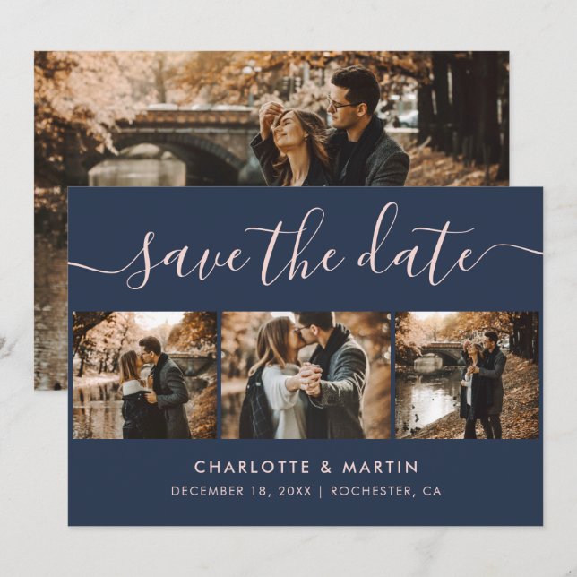 Custom Modern Navy Blue and Blush Wedding 4 Photo Save The Date (Front/Back)