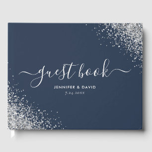 Custom Modern Navy Blue and Silver Glitter Wedding Guest Book