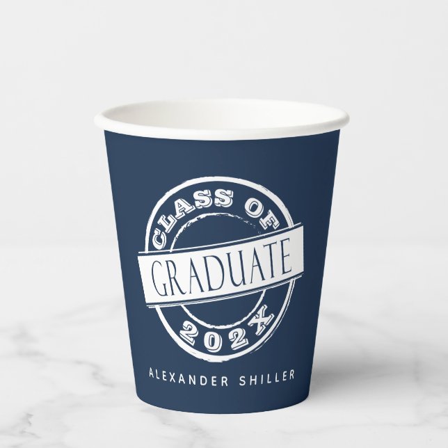 Custom Modern Navy Blue Graduate Paper Cups (Front)