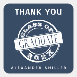 Custom Modern Navy Blue Graduate Thank You Square Sticker