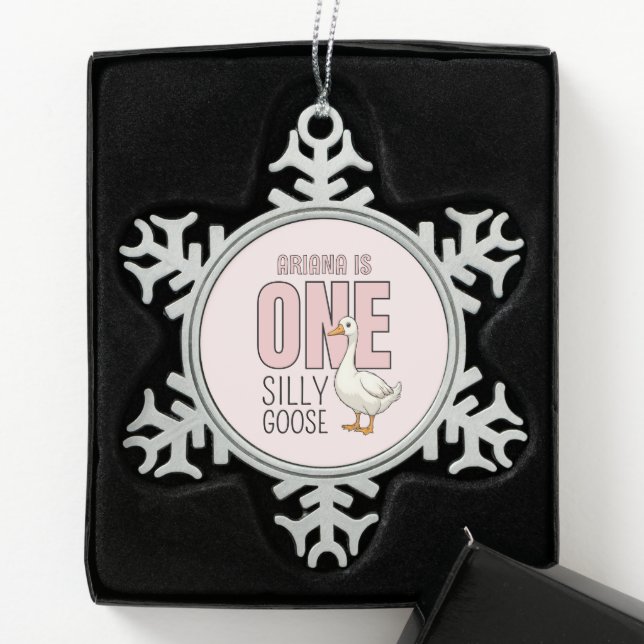 Custom Modern One Silly Goose First Birthday Snowflake Pewter Christmas Ornament (Box)