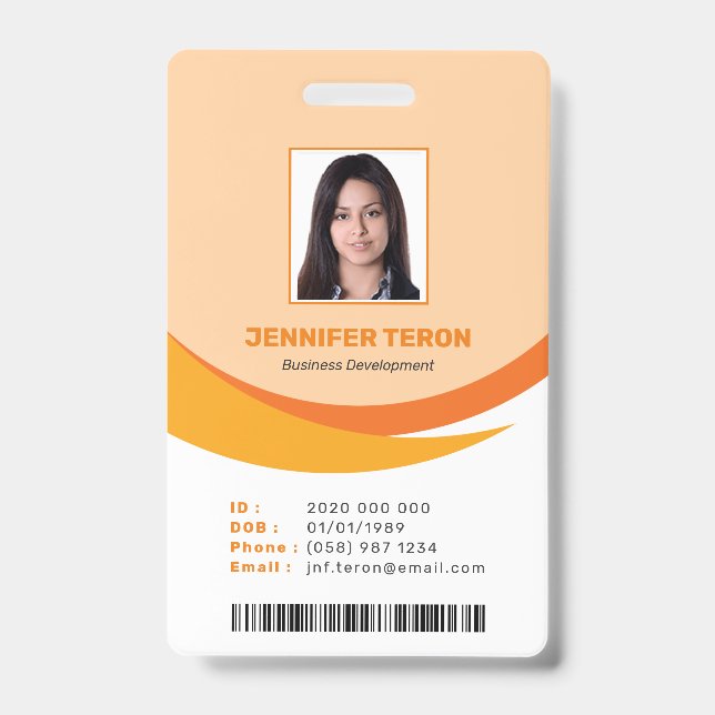 Custom Modern Orange Employee ID Card with barcode Badge (Front)