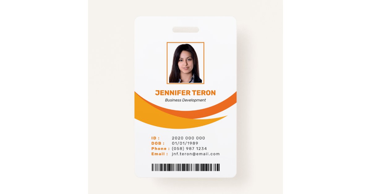 Custom Modern Orange Employee ID Card with barcode ID Badge Zazzle