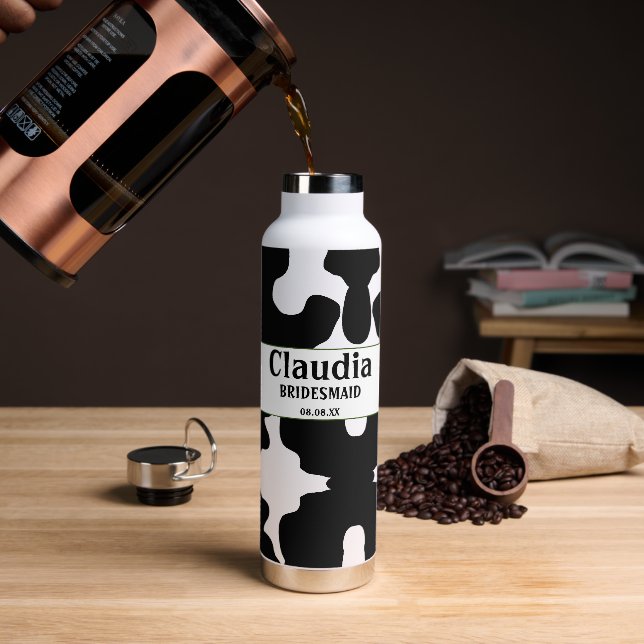 Custom Modern Personalised Black White Cow Print Water Bottle (Coffee)