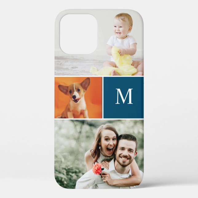 Custom Modern Photo Collage Blue Monogram Case-Mate iPhone Case (Back)
