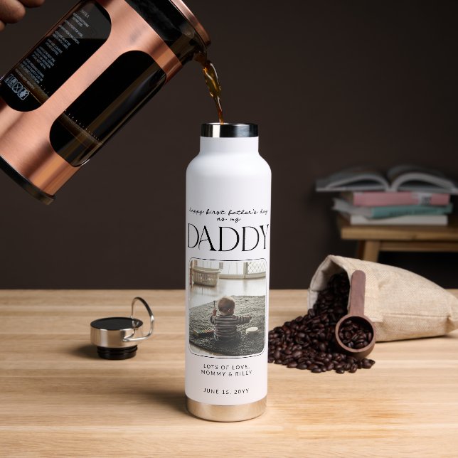 Custom Modern Photo First Father's Day Daddy Water Bottle (Coffee)
