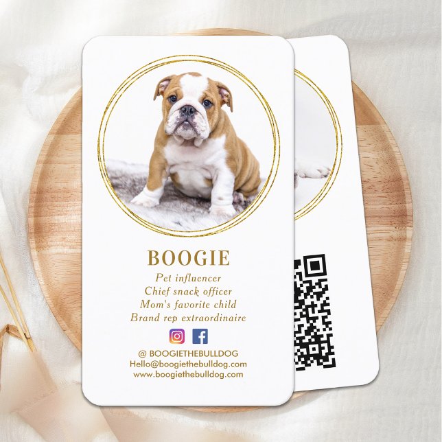 Custom Modern Photo Gold Dog Social Media QR Code Business Card (Creator Uploaded)