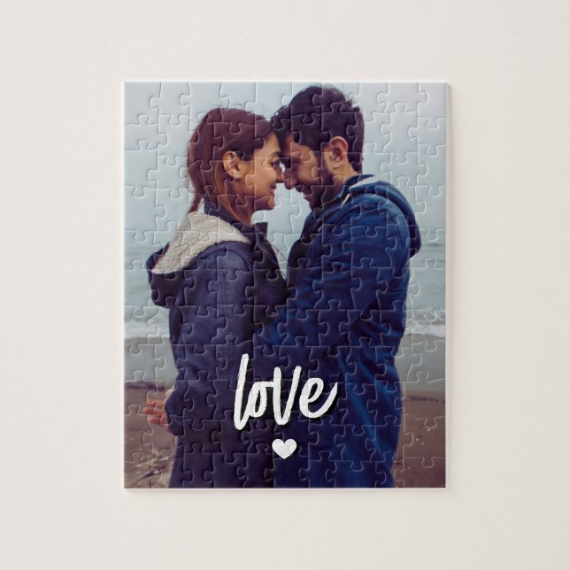 Custom Modern Photo Love Script Couple Jigsaw Puzzle (Vertical)