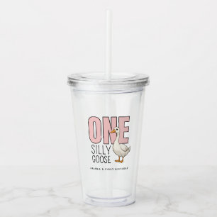 Custom Modern Pink One Silly Goose First Birthday Acrylic Tumbler