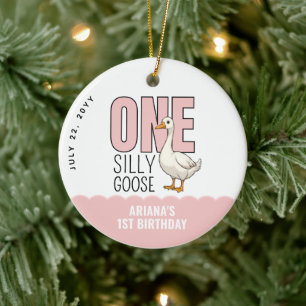 Custom Modern Pink One Silly Goose First Birthday Ceramic Tree Decoration