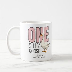 Custom Modern Pink One Silly Goose First Birthday Coffee Mug