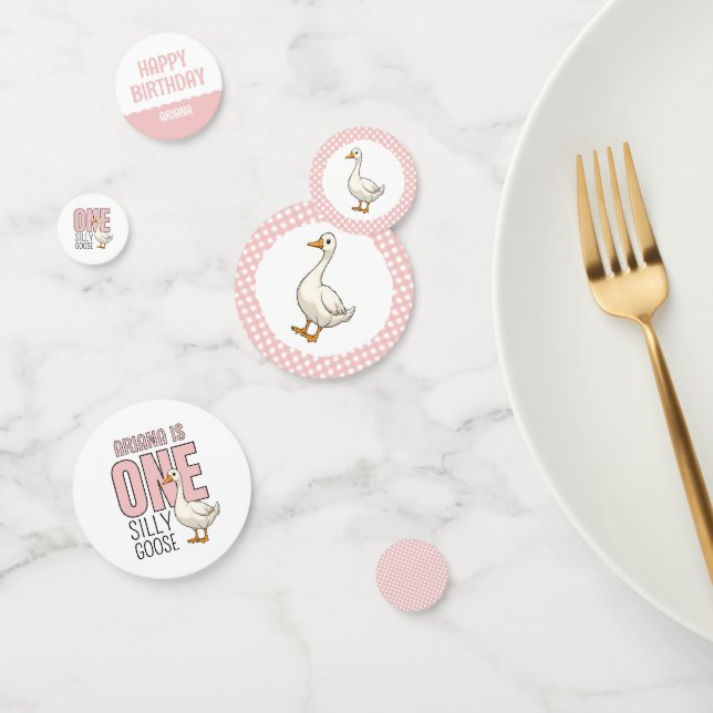 Custom Modern Pink One Silly Goose First Birthday Confetti (Group)