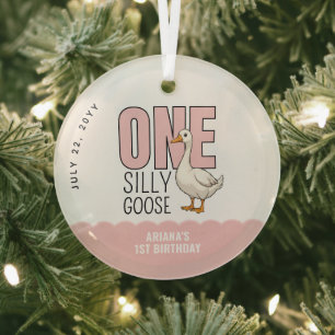 Custom Modern Pink One Silly Goose First Birthday Glass Tree Decoration