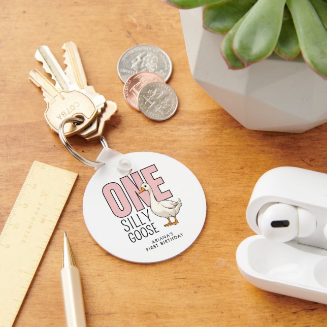 Custom Modern Pink One Silly Goose First Birthday Key Ring (Desk)