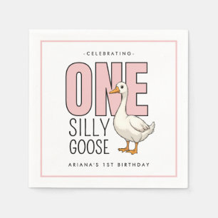 Custom Modern Pink One Silly Goose First Birthday Napkin