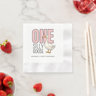 Custom Modern Pink One Silly Goose First Birthday Napkin
