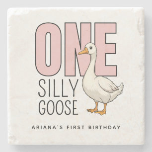 Custom Modern Pink One Silly Goose First Birthday Stone Coaster
