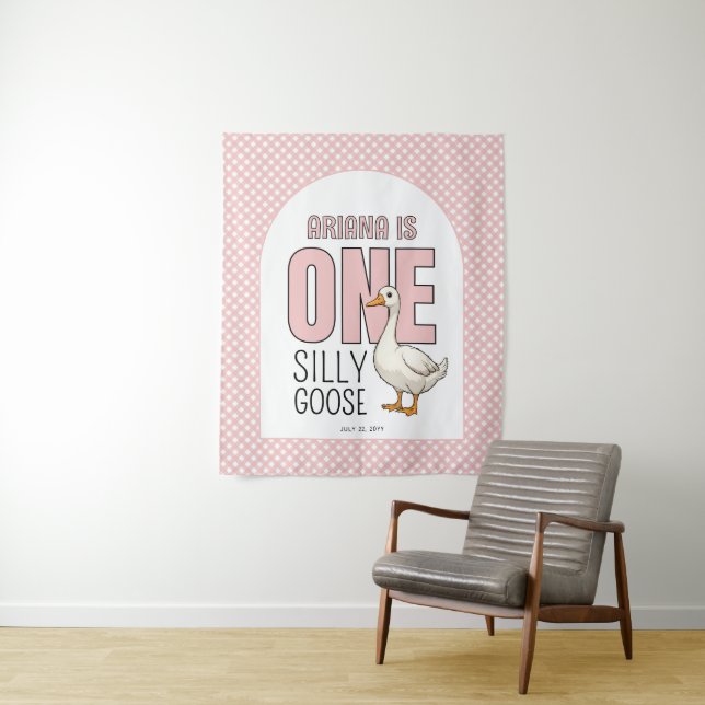 Custom Modern Pink One Silly Goose First Birthday Tapestry (In Situ)