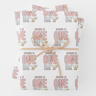 Custom Modern Pink One Silly Goose First Birthday Wrapping Paper Sheet