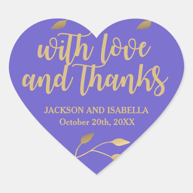 Custom Modern Purple and Gold Thank You Wedding Heart Sticker (Front)