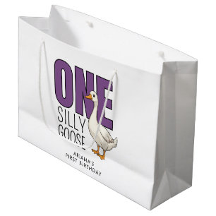 Custom Modern Purple One Silly Goose 1st Birthday Large Gift Bag