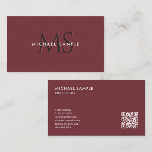 Custom Modern QR Code Monogram Elegant Wine Colour Business Card