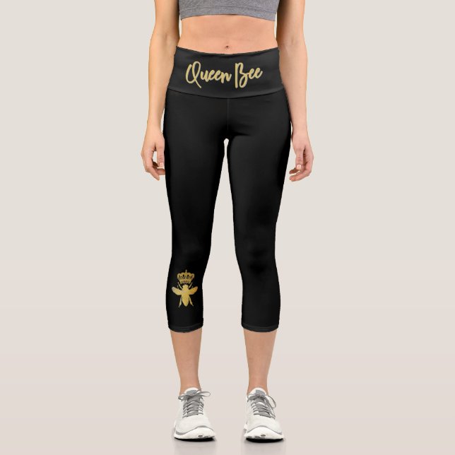 Custom Modern QUEEN BEE Gold & Black Yoga Women  Capri Leggings (Front)